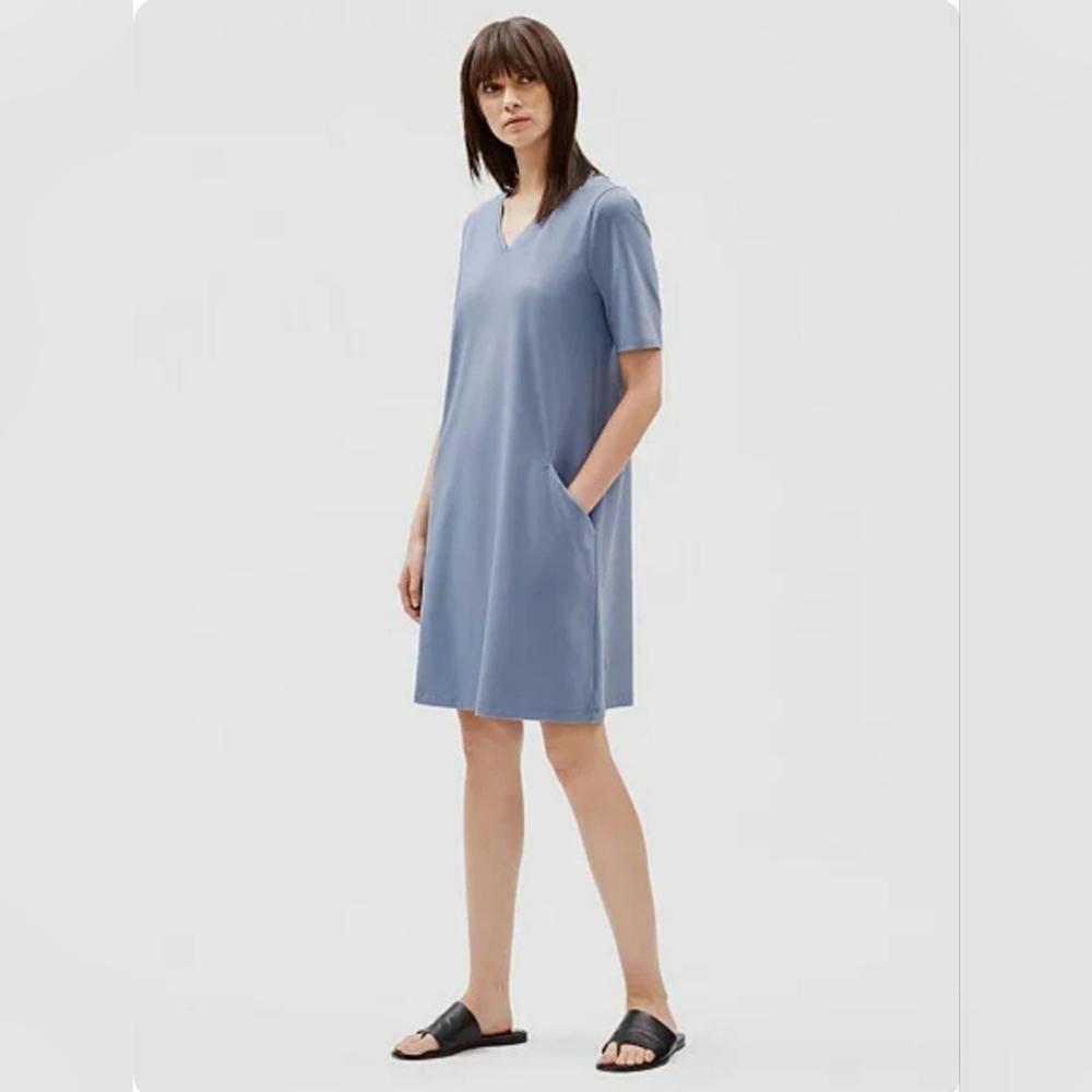 Eileen Fisher PS Organic Cotton Jersey A-line Jersey dress w pockets Blue